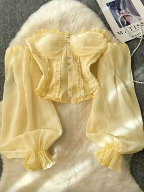 Off-Shoulder Yellow Sheer Corset Blouse with Puff Sleeves